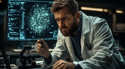 A focused scientist examining research using a microscope intently