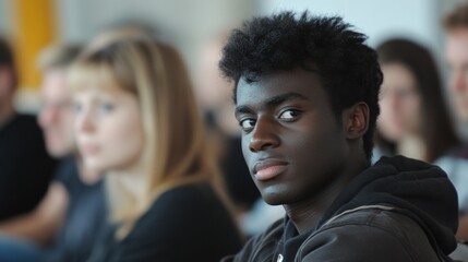 Young black man sitting attentively while listening to a political meeting or debate, surrounded by blurred figures in the background, reflecting on important social issues and civic engagement