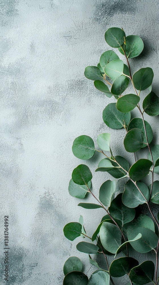 Poster Soft eucalyptus branches gracefully adorn a textured surface, inviting a sense of tranquility and freshness to the space. Ideal for enhancing any environment with a natural touch