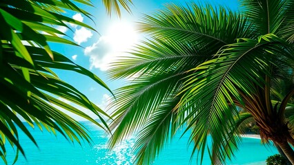 Fototapeta premium Tropical beach paradise scene with lush palm trees framing turquoise ocean waters and a bright sun, capturing the essence of summer vacation.