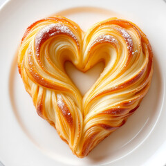 Fototapeta premium A close-up shot of a delicate French palmier on a white plate. The golden, crisp layers of puff pastry form a perfect heart shape