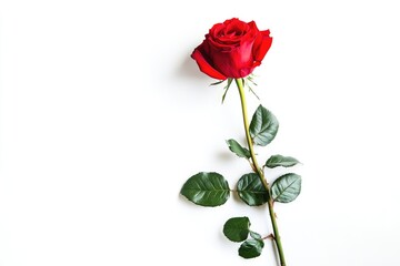 Single red rose with long stem on white background. AI generated illustration.
