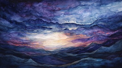 Ethereal abstract landscape painting with mountains and celestial light