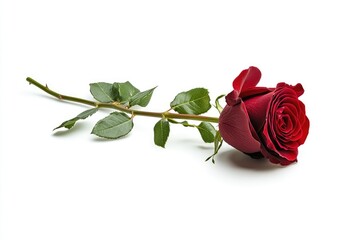 Elegant single red rose with a long stem isolated on white background. AI generated illustration.