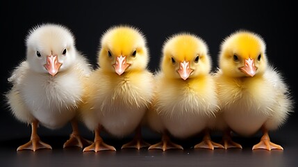 Adorable Lineup of Four Fluffy Yellow and White Baby Chicks