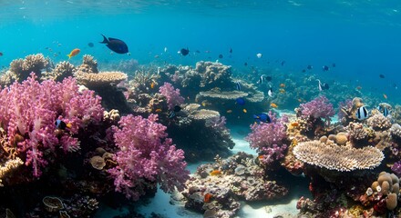 Fototapeta premium Vibrant coral reef ecosystem teeming with diverse marine life in clear turquoise ocean water.