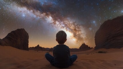 Boy Sitting Sand Gazing at Milky Way Night Sky Stars