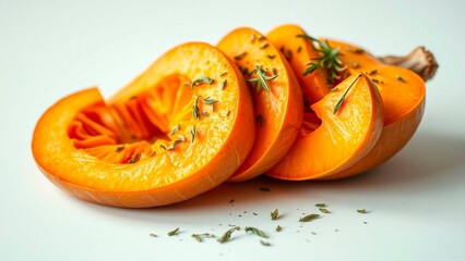 Slices of vibrant orange squash adorned with fresh herbs, perfect for healthy recipes or seasonal decorations. Fall harvest bounty.