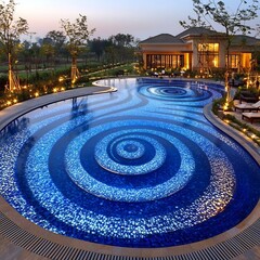Naklejka premium Visually captivating optical depth vortex swimming pool where water appears swirl spiral infinite vortex creating surreal mesmerizing effect illusion enhanced clever lighting modern architectural