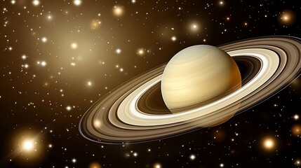 A bright planet surrounded by rings and stars in space