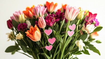 Obraz premium Vibrant floral bouquet featuring tulips and hearts, perfect for a romantic occasion