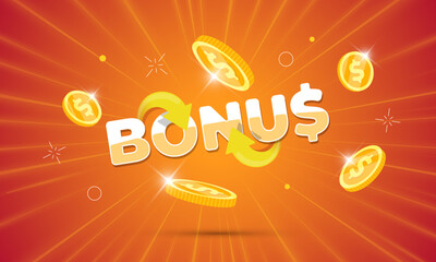 3D bonus cashback inscription with golden coin and arrow. Vector illustration of digital money reward, refund or promo win. Ideal for banking, finance, casino, shopping or marketing poster design.