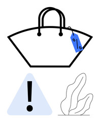 Large shopping bag with discount tag, exclamation triangle, and abstract plant. Ideal for retail, shopping, sale risks, discounts, caution e-commerce consumer awareness. Minimal flat simple