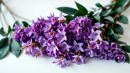 Obraz premium Purple flowers with green foliage create a soft and calming visual. The petals display star-like shapes, offering a delicate floral arrangement.
