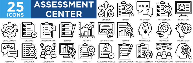 assessment center, business, assessment, office, test, employee, icon set. Outline icons collection. Simple vector illustration