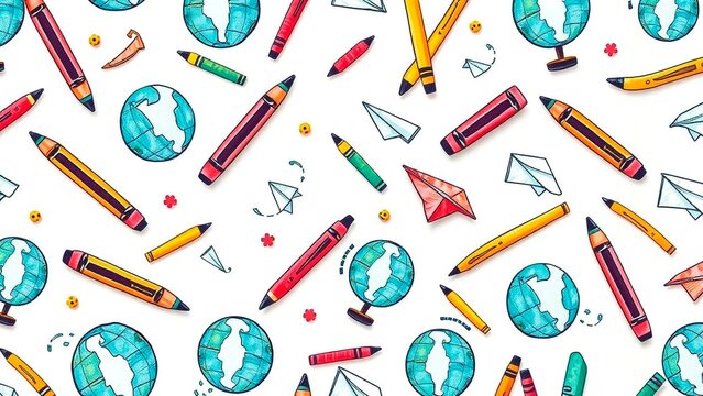 Back to school themed pattern with colorful pencils, crayons, globe illustrations, and paper airplanes on a white background.