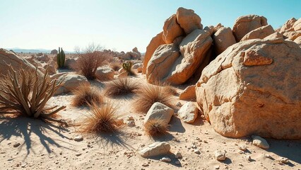 Arid landscape featuring rock formations, sparse vegetation, and a clear sky, evoking a sense of desert beauty and rugged terrain.