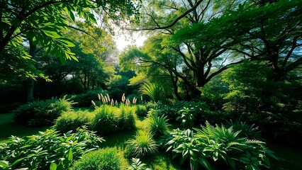 Obraz premium Lush green forest scene with sunlight streaming through the canopy, highlighting the vibrant foliage in a serene natural setting.