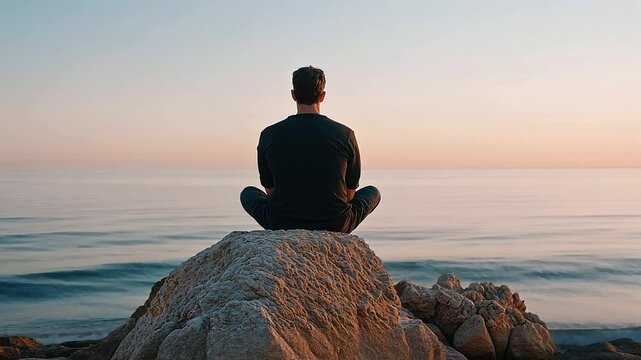 A man in self-reflection by the ocean at sunset