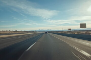 Point-of-view from driving car on highway capturing motion. AI generated illustration.
