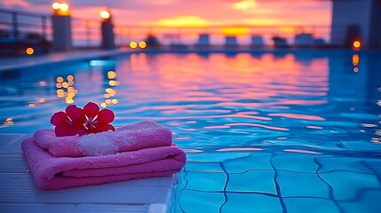 Pink towels and flowers sit by a shimmering pool