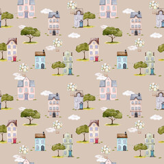 Seamless pattern with European houses on beige background. Urban retro buildings with tile roof. Hand drawn illustration. Old town. Watercolor. Design for wallpaper, postcards, packaging, stationery..