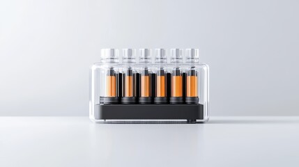 Collection of six laboratory glass vials with orange liquid in a clear acrylic holder on a white background