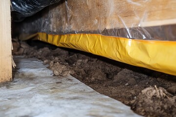 Vapor barrier next to crawl space opening preventing moisture intrusion. AI generated illustration.
