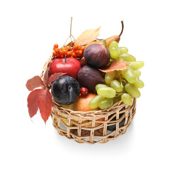 Wicker basket with different fresh fruits on white background