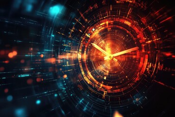 Obraz premium Timeline concept with clock on digital background. AI generated illustration.
