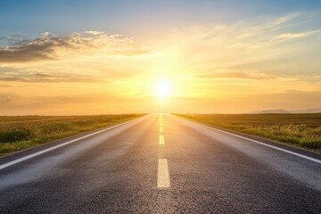 Deserted asphalt road with evening sun sky backdrop. AI generated illustration.