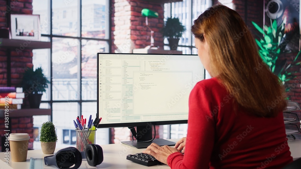 Poster woman engaging with an intelligent ai chatbot to complete work related tasks, working from loft apar