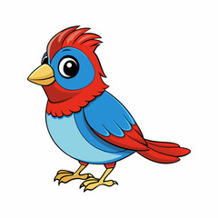 Colorful cartoon illustration of a cute macaw parrot with blue, yellow, and red feathers perched on a tree branch in a tropical jungle setting