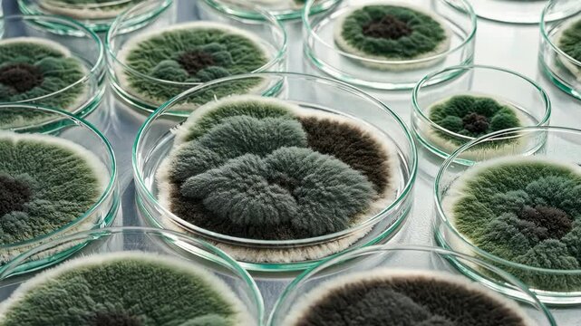 Macro view of green black mold colonies cultured in petri dishes exposed to light in laboratory setting for scientific experiment microbial analysis growth pattern research mycology contamination