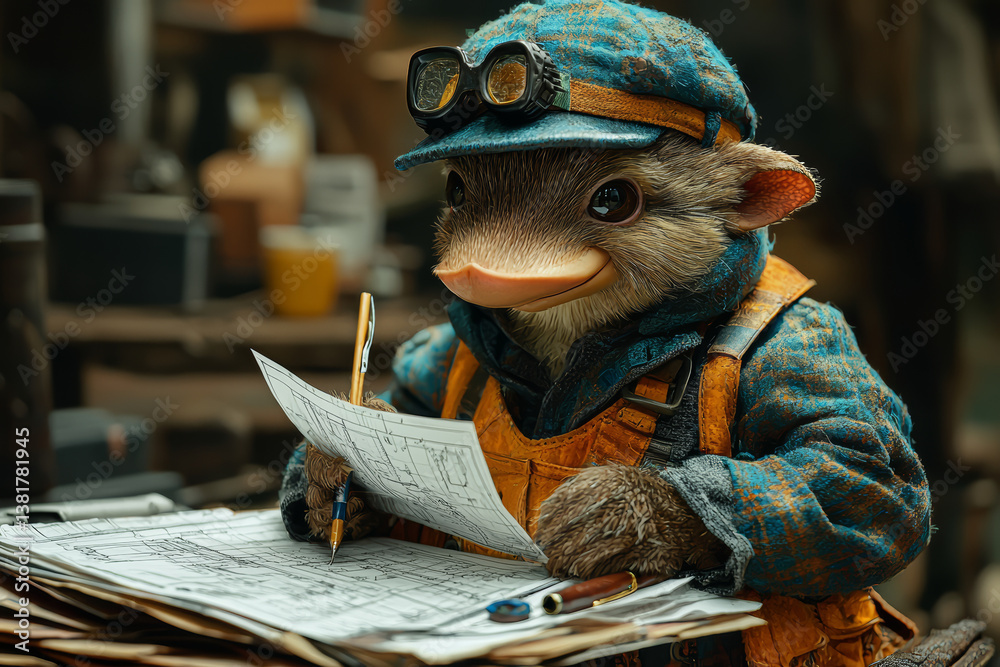 Poster platypus dressed as engineer designing bridge blueprints using drafting tools and ruler precision pl