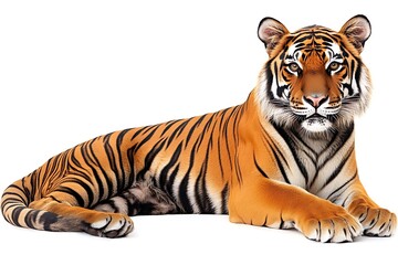 Obraz premium A large tiger rests calmly on a bright white background