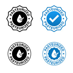 pasteurized milk vector symbol, blue circular stamp with drop of milk with check mark