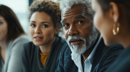 Fototapeta premium Surrounded by a diverse group of constituents a seasoned politician engages with a group of parents discussing healthcare services. The medium closeup captures the politician nodding