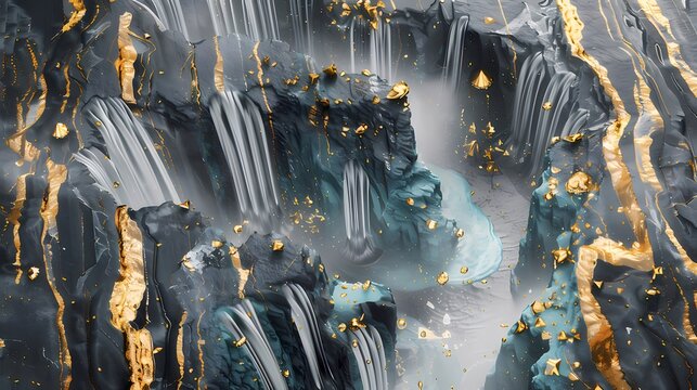 Abstract Geometric Terrain in Blue with Gold Veins and Pixilated Appearance