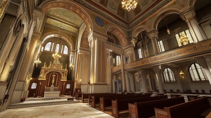 Fototapeta premium Grand Interior of a Historical Religious Building with Ornate Decorations and Stained Glass Win