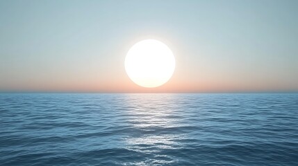 A radiant sun descending over the calm ocean surface horizon line