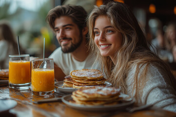 Family sitting together at breakfast table eating pancakes and drinking orange juice with smiles exchanged. Concept of shared routines.