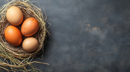 Eggs sit in nest on rough, dark surface. Farm fresh food, natural colors, overhead view, ample copy space