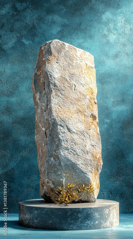 Poster this captivating rock podium stand merges nature with artistry, featuring a rugged stone structure a