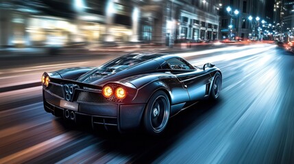 Fototapeta premium Car Speeding Along City Street at Night with Motion Blur