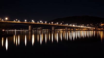 Fototapeta premium Illuminated Bridge Over Calm Water at Night Reflective Lights Urban Landscape Architectural