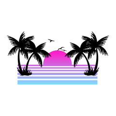 Tropical Sunset Scene: Capturing a vibrant sunset over a serene tropical landscape with silhouetted palm trees. This stunning image encapsulates the essence of an island vacation.