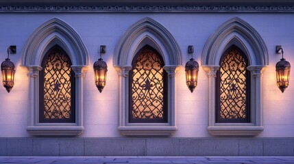 Fototapeta premium Illuminated Gothic Windows with Warm Lanterns Medieval Architecture Fantasy Castle Nighttime