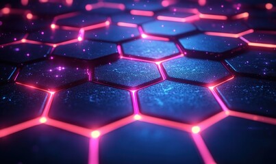Abstract Geometric Design with Isometric Hexagonal Grid and Neon Glow in Modern Digital Art for Technology and Blockchain