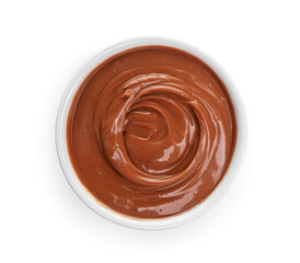 Bowl of delicious melted chocolate on white background